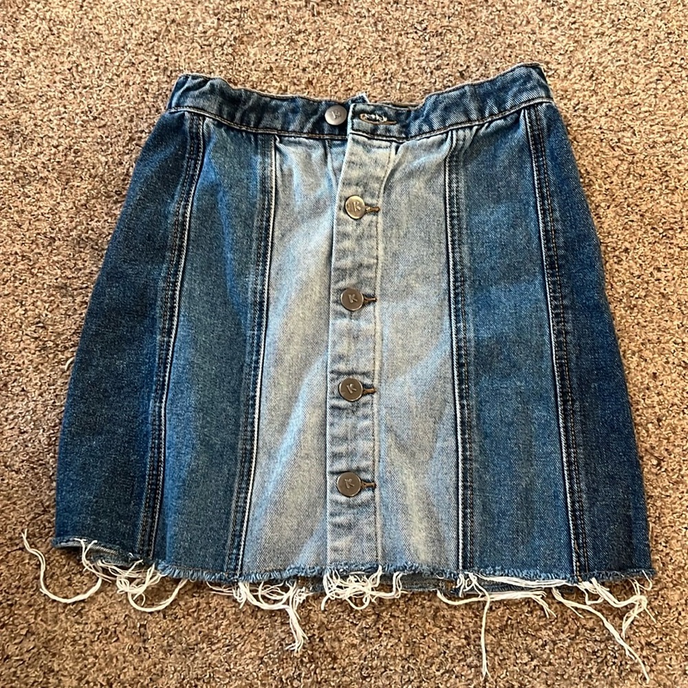 Kidpik Two Tone Denim Skirt Raw Hem Button Front Boho Size 10 Adjustable